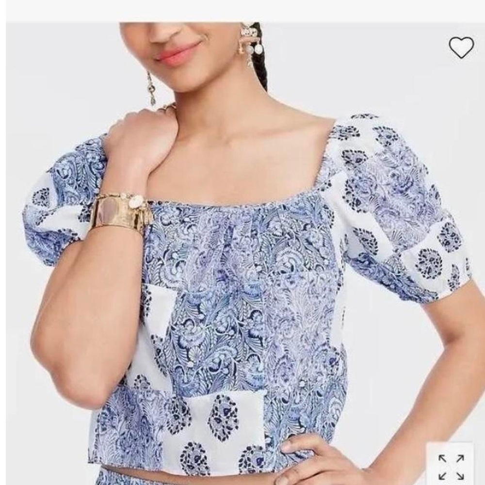 J. Crew 100% cotton patchwork puff sleeve crop shirt size xs blue floral
